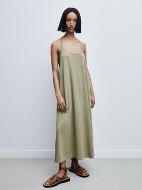chinese dress ladies Early 00s Zara Woman Linen Button Down Maxi Beige Dress